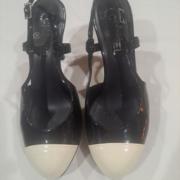 Classic Vintage Chanel Black &  open backed White Heel - Picture 1 of 13
